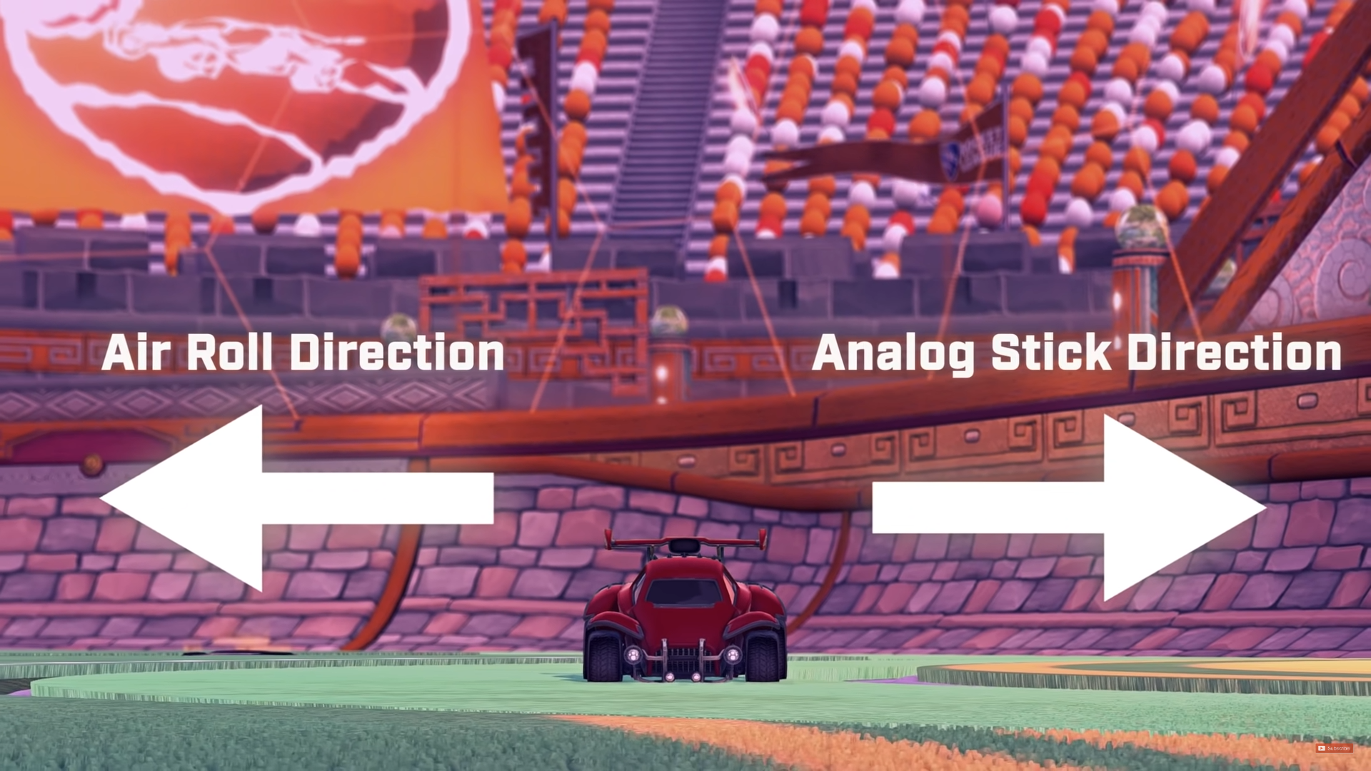 a red rocket league car with two large arrows next to it, captioned "air roll direction" and "analog stick direction"