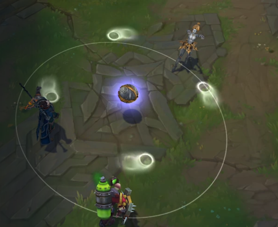 An orb with an area around it that contains two figures.