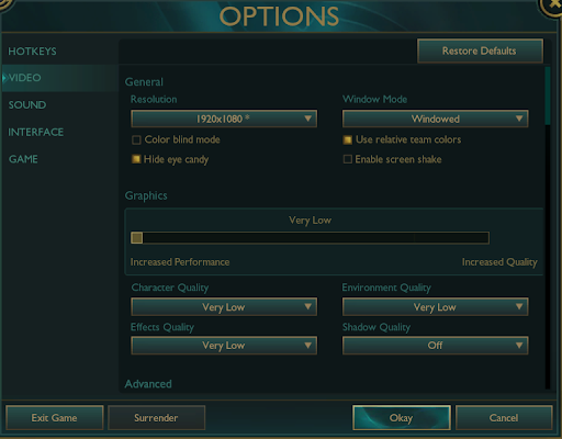 League of Legends Settings Tab