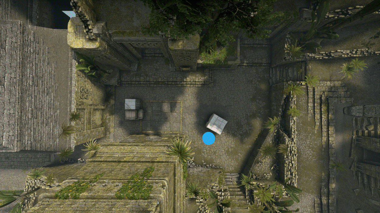 Aerial view of Ancient A Site. The CT can use the box for cover while using utility to hold back his enemies.