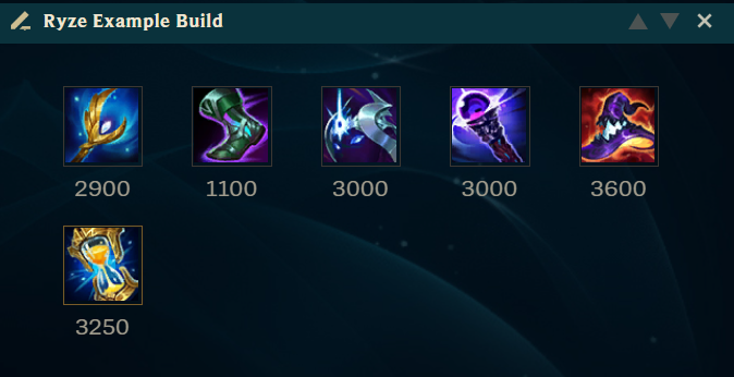 A League of Legends Item Set, with Seraph's Embrace, Sorcerer's Shoes, Cosmic Drive, Void Staff, Rabadon's Deathcap, and Zhonya's Hourglass