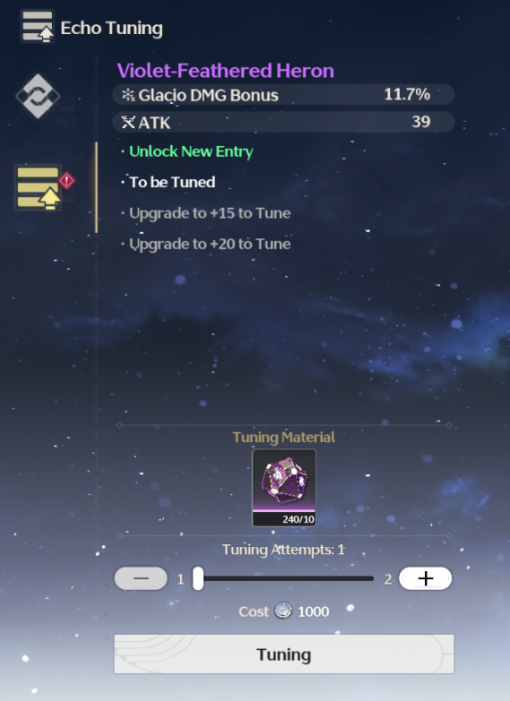 This is the Echo Tuning screen, using violet-feathered heron as an example