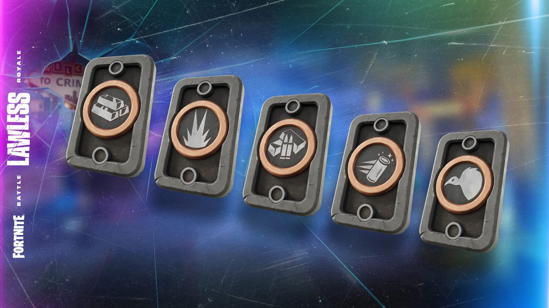 Five gray cards with different symbols on them.