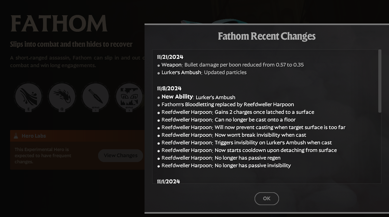 a client window with changes of the Deadlock hero Fathom