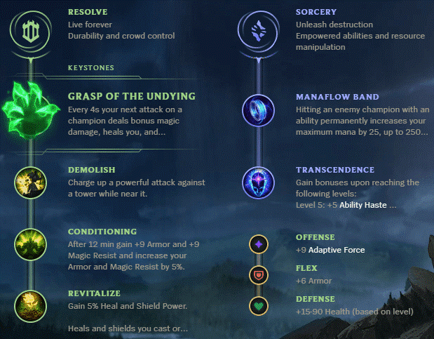 Maokai runepage - Grasp Demolish Conditioning Revitalize Manaflow Transcendence Adaptive Armor Health