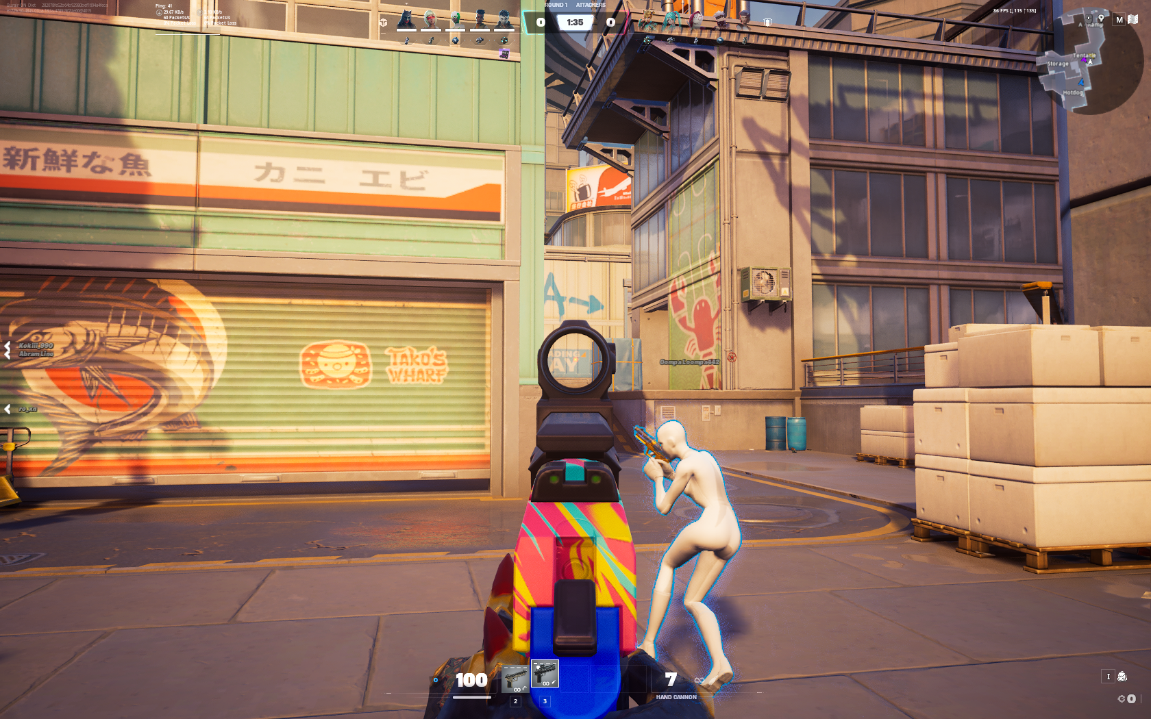 a first-person view of aiming down the sight of an SMG