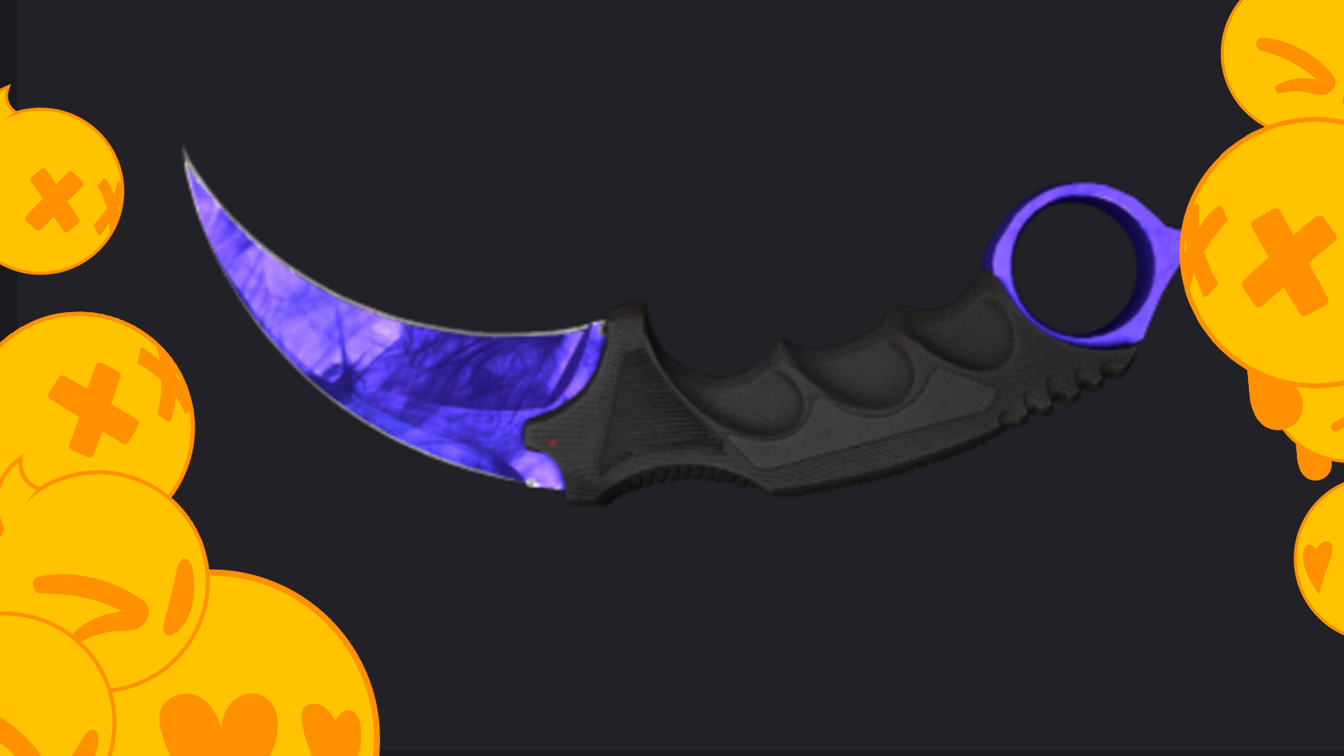 A karambit with a purple/blue swirl pattern on the blade