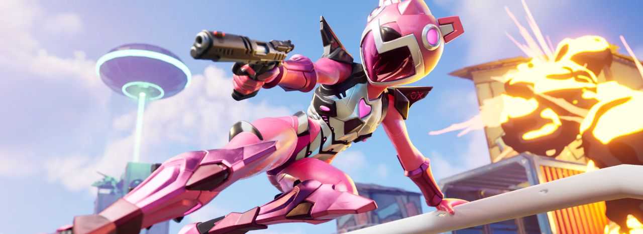A woman in pink armor sliding and pointing a handgun.