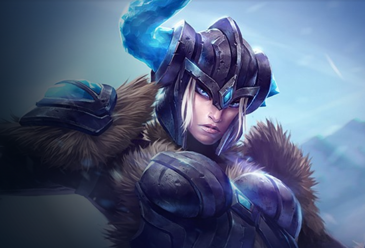 An armored woman with white hair and a horned helmet looking fiercely to the right, the splash art for League of Legends Champion Sejuani