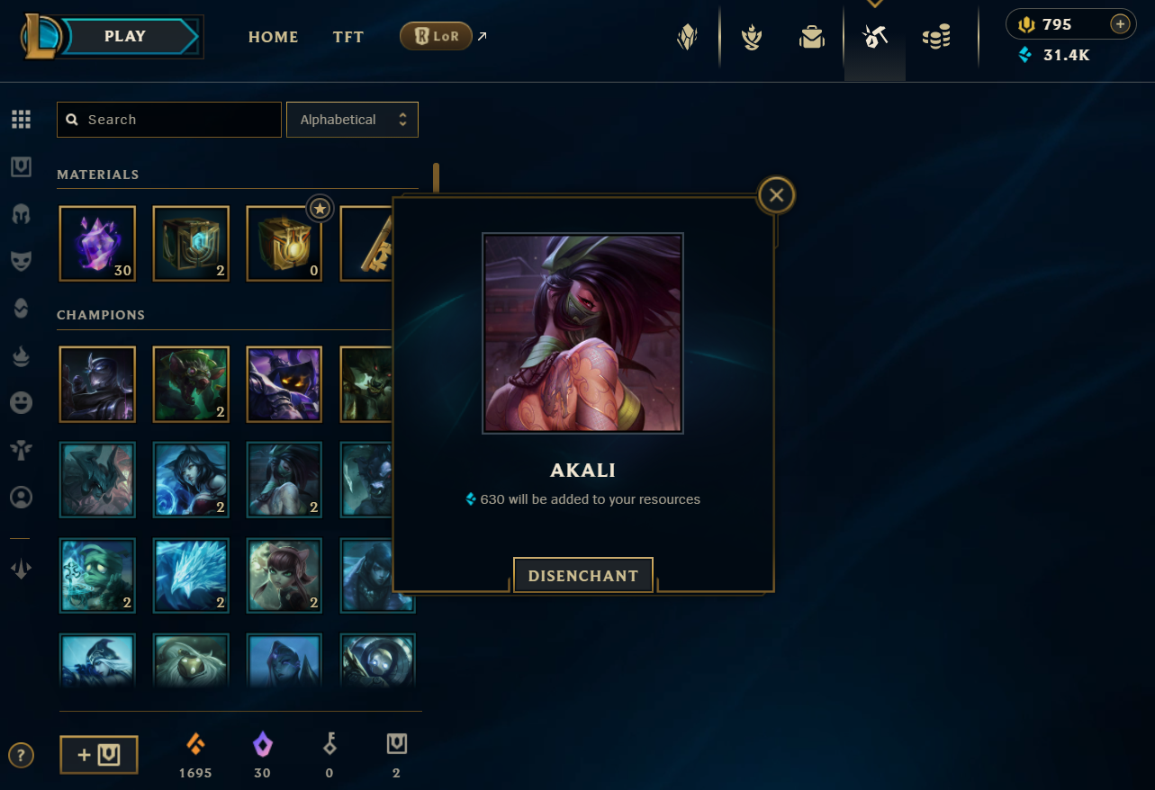 Player's Inventory showing disenchanting of Akali Shard.