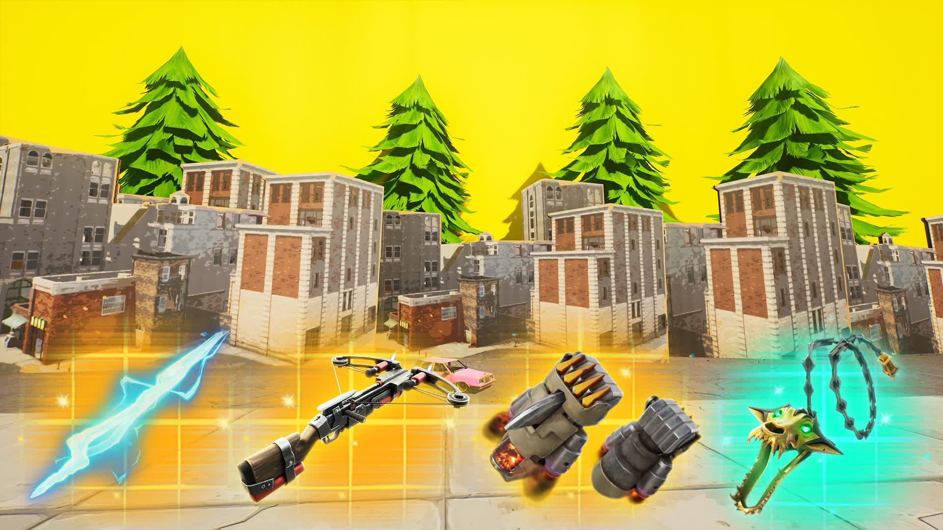 Tilted Towers with four guns superimposed.