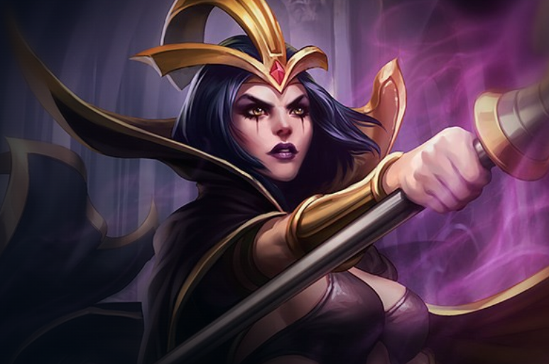 A blackhaired woman holding a staff outstretched staring forward.