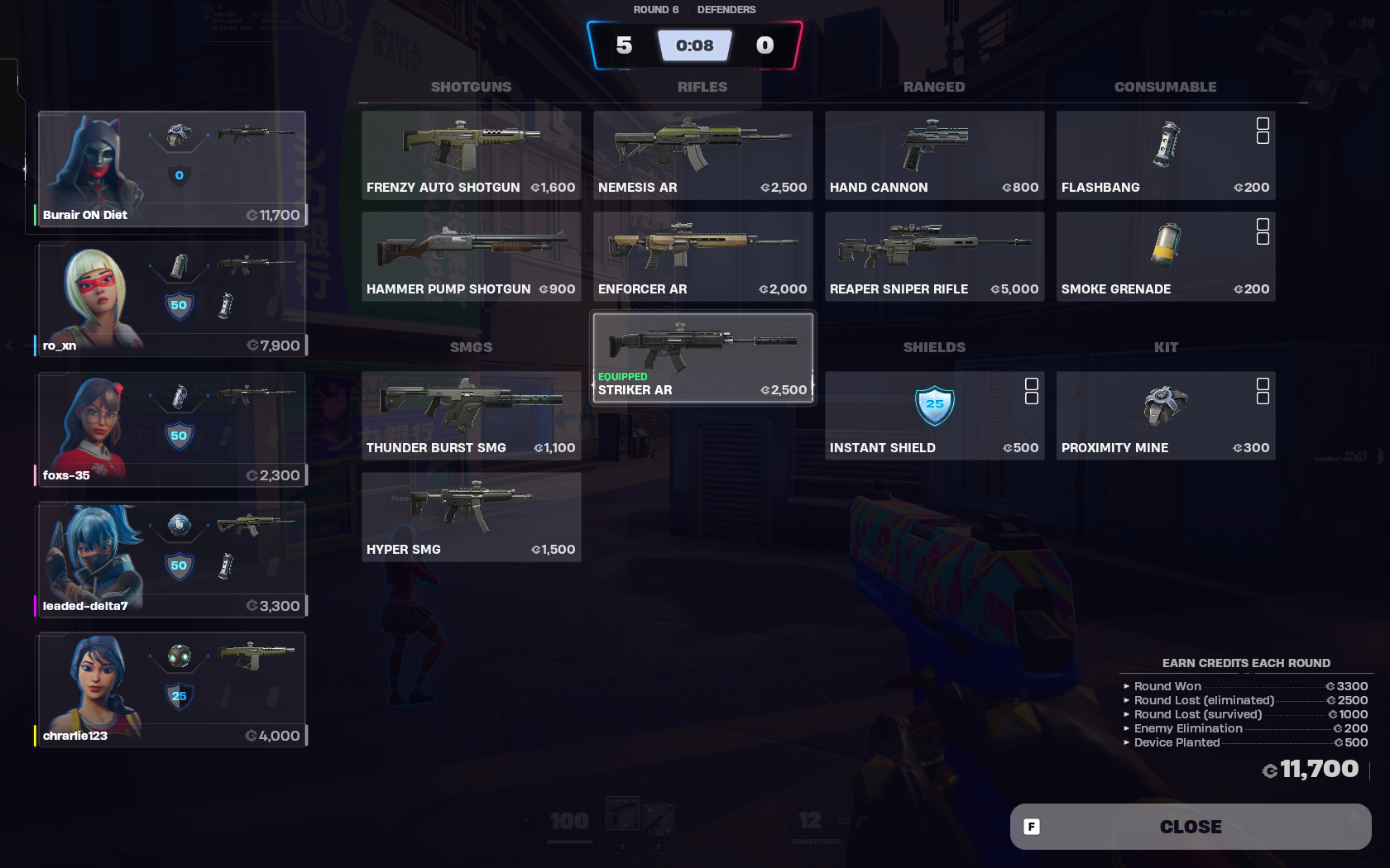 a menu showing guns that can be bought