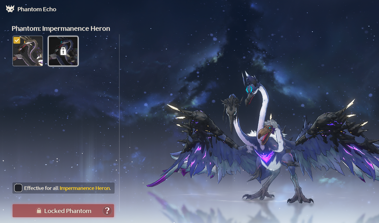 A black and blue Phantom Echo of an Impermanence Heron