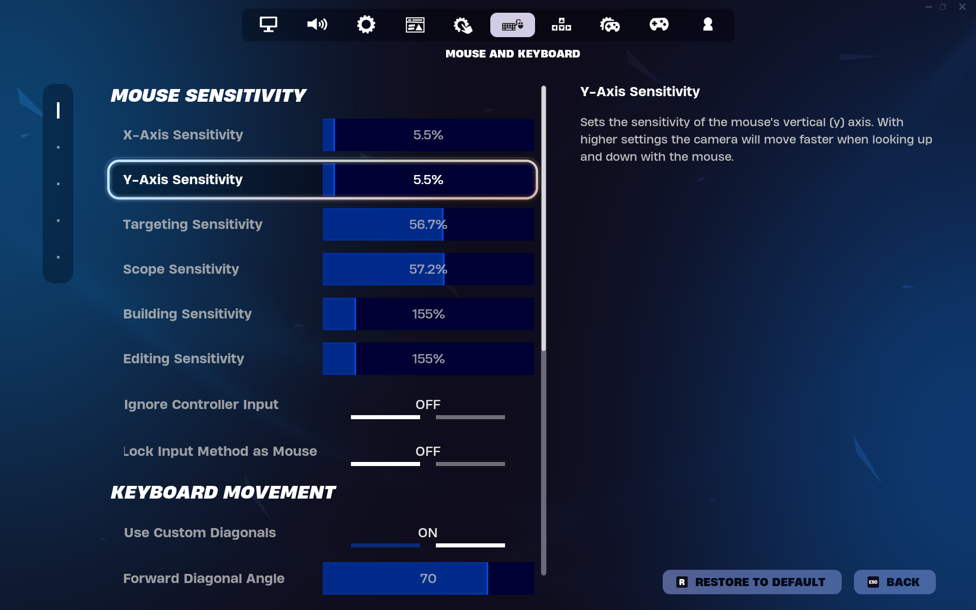 Fortnite Settings Screen for Mouse Sensitivity