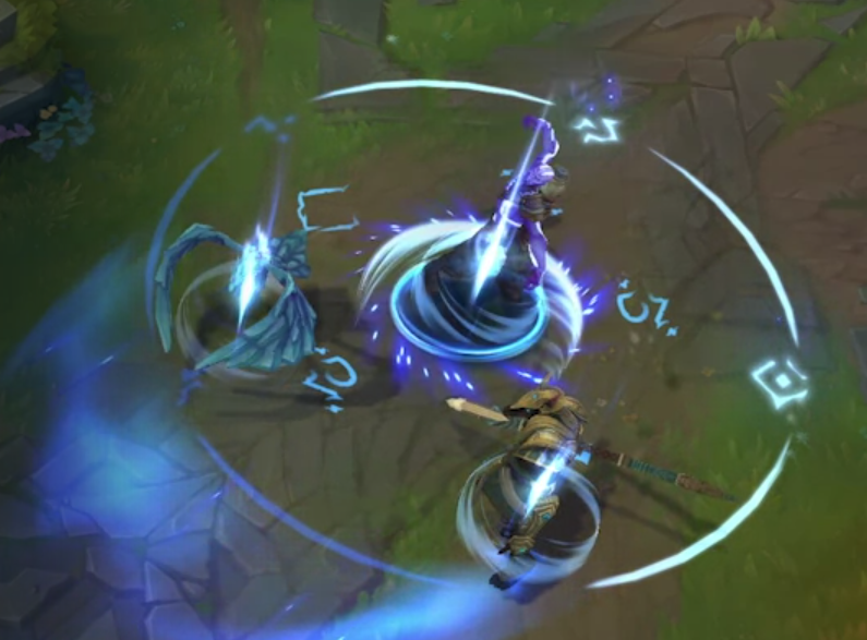 Three figures standing in a blue circle that has runes on the outer edge.