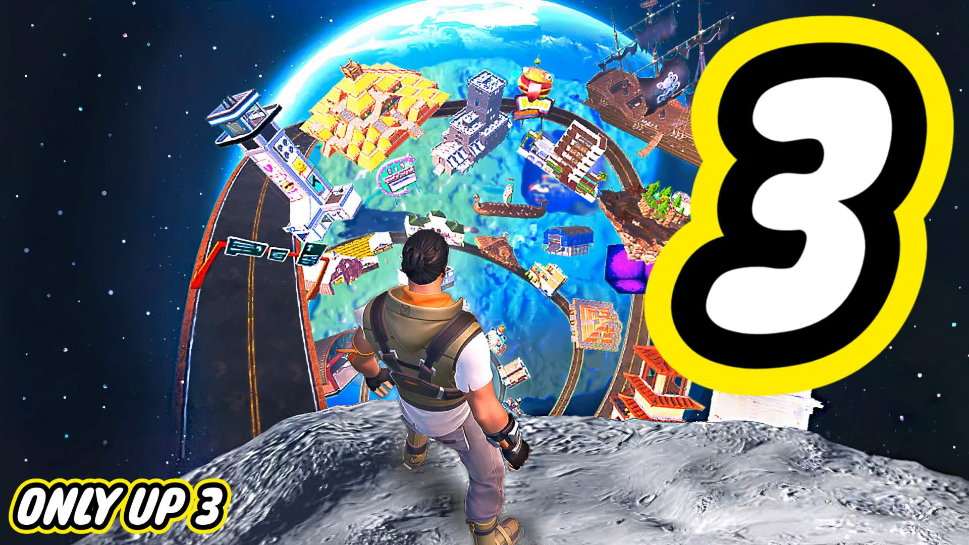 OnlyUp splash, with a player looking down at earth from the moon