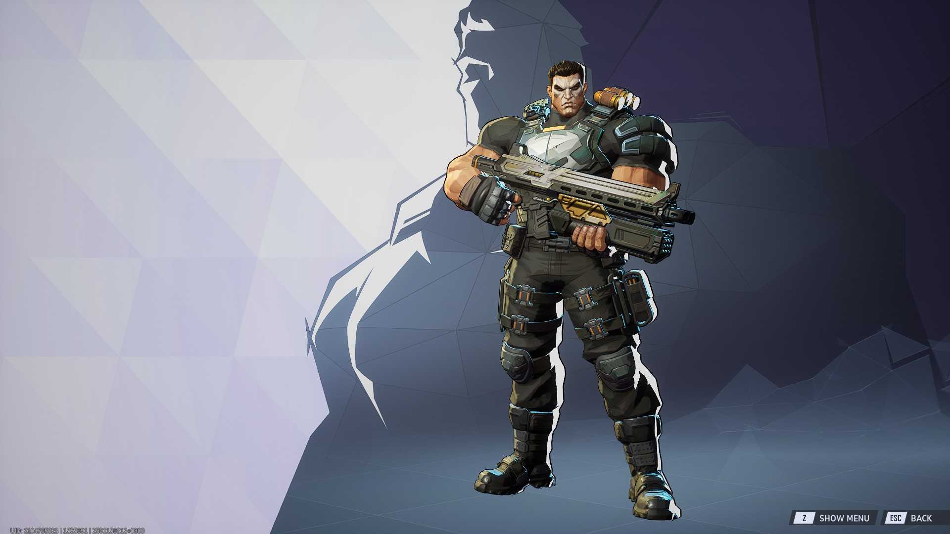 a man with a skull-painted flak jacket and assault rifle