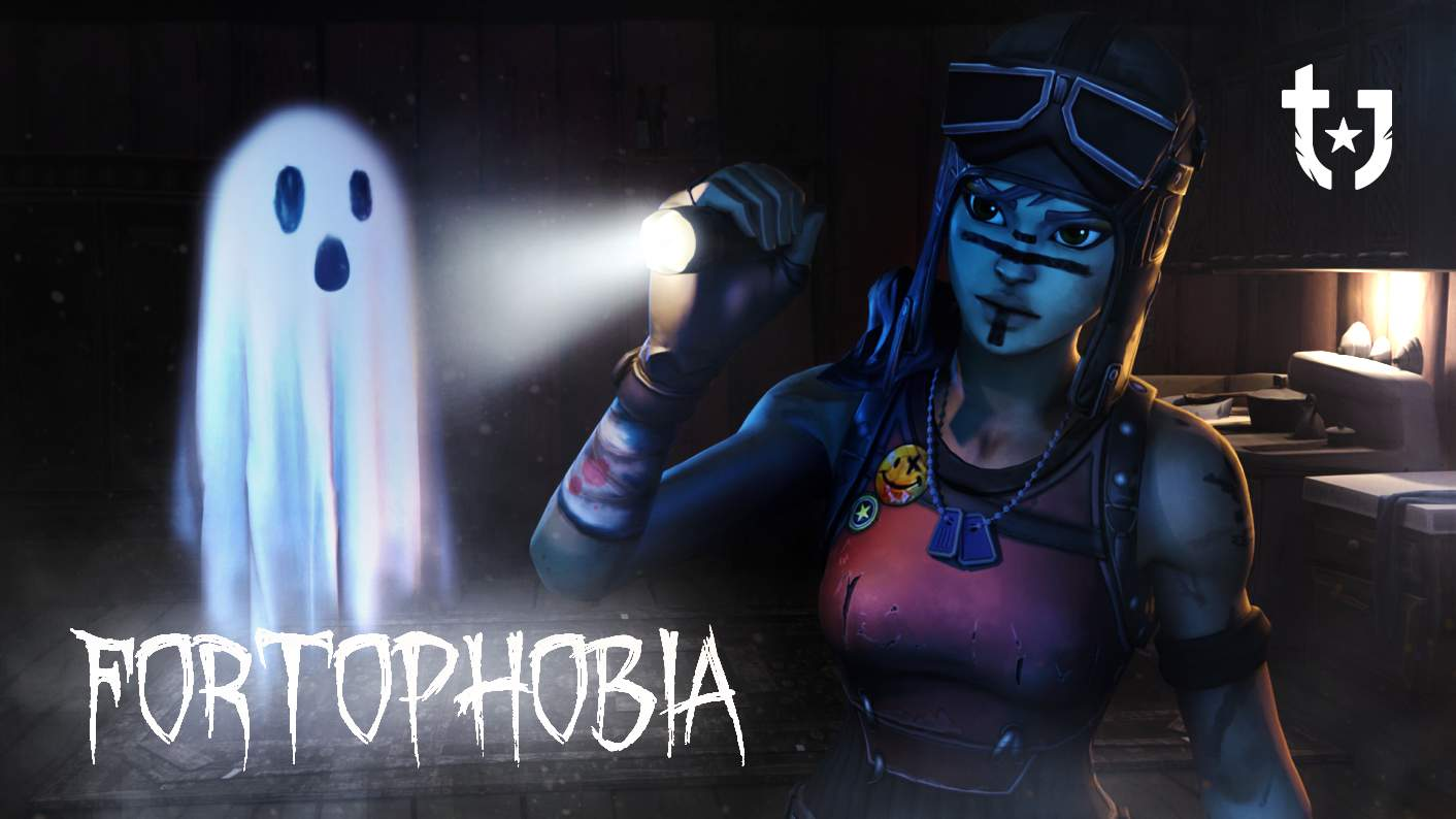 Fortophobia splash, with a Fortnite character using a flashlight on a ghost