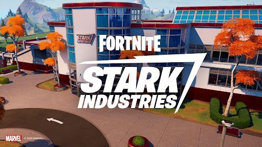 A large office campus with "Fortnite Stark Industries" superimposed in text