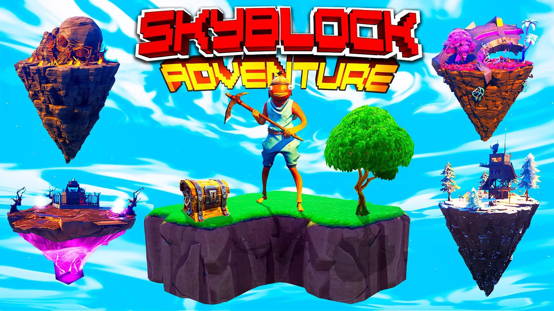 Skyblock Adventure Splash Art, with four floating biomes (volcano, swamp, cave and winter) around the main character