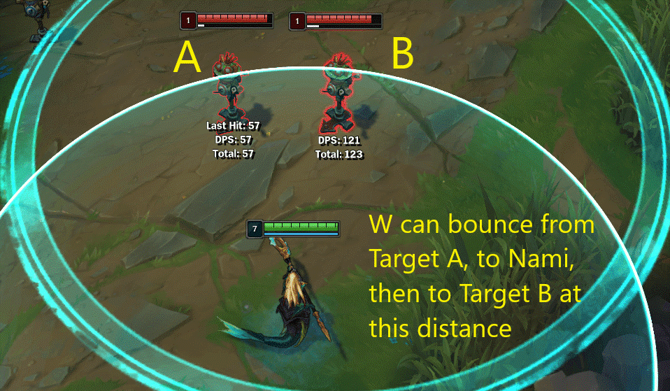 W can bounce from Target A to Nami and then to Target B at this distance