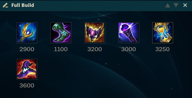 A League of Legends Item Set, with Seraph's Embrace, Sorcerer's Shoes, Shadowflame, Void Staff, Zhonya's Hourglass, and Rabadon's Deathcap.