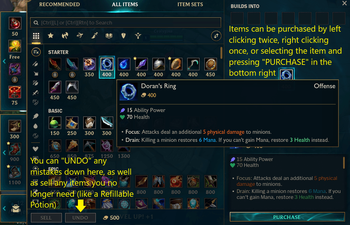 Items can be purchased by left clicking twice, right clicking once, or selecting the item and pressing "purchase" in the bottom right. You can undo any mistakes down here, as well as sell any items you no longer need (like a Refillable Potion). 