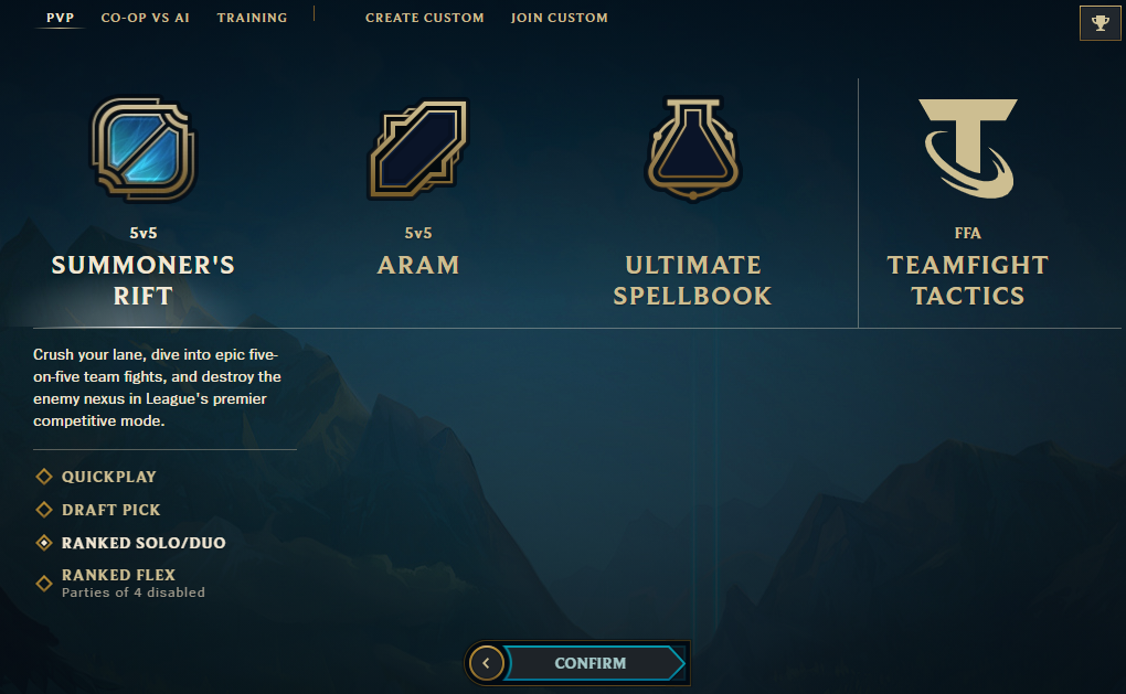 League of Legends Queue Selection Screen