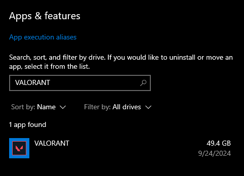 Searching for Valorant in Apps Menu