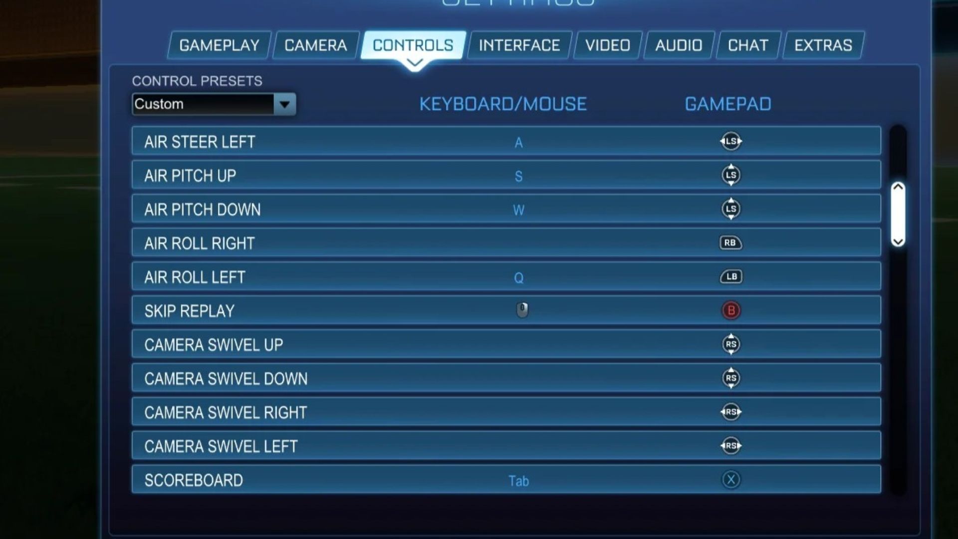 the control keybind settings page in rocket league