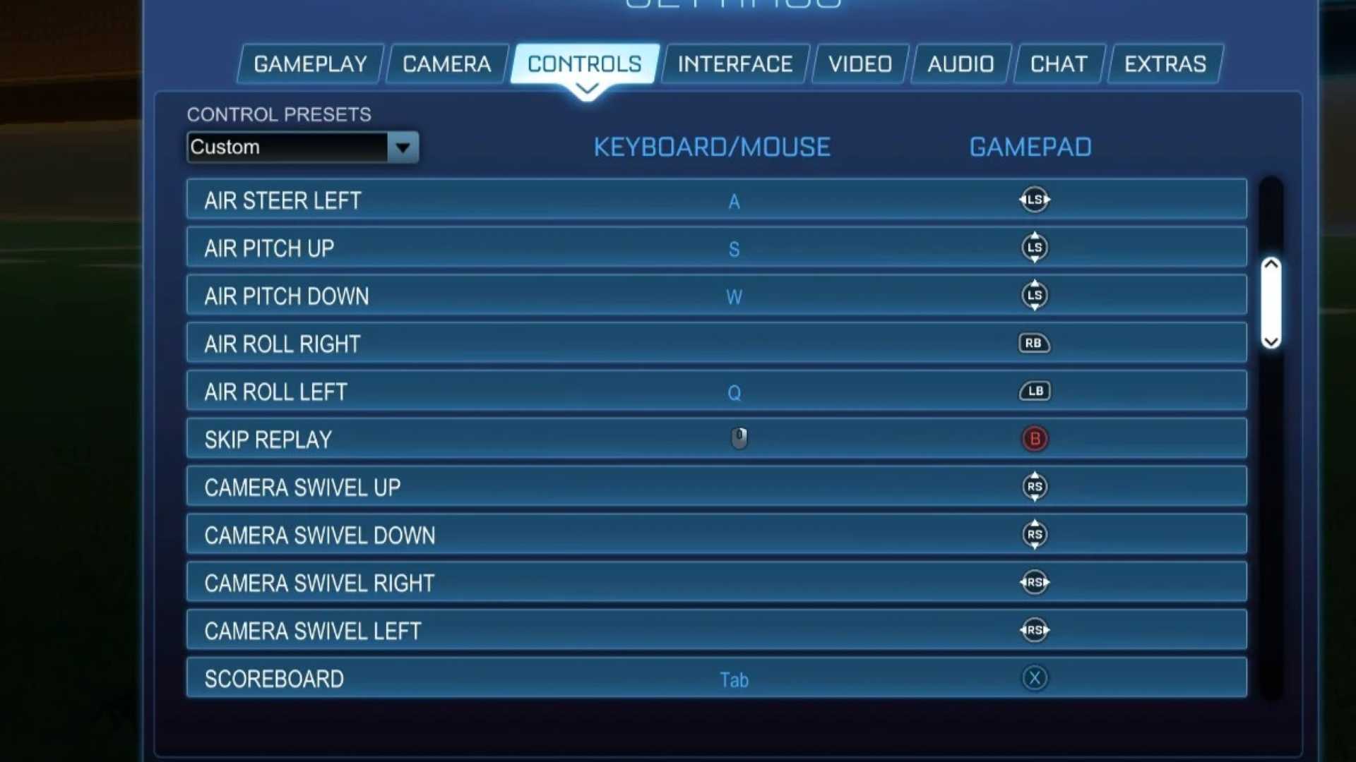 the control keybind settings page in rocket league
