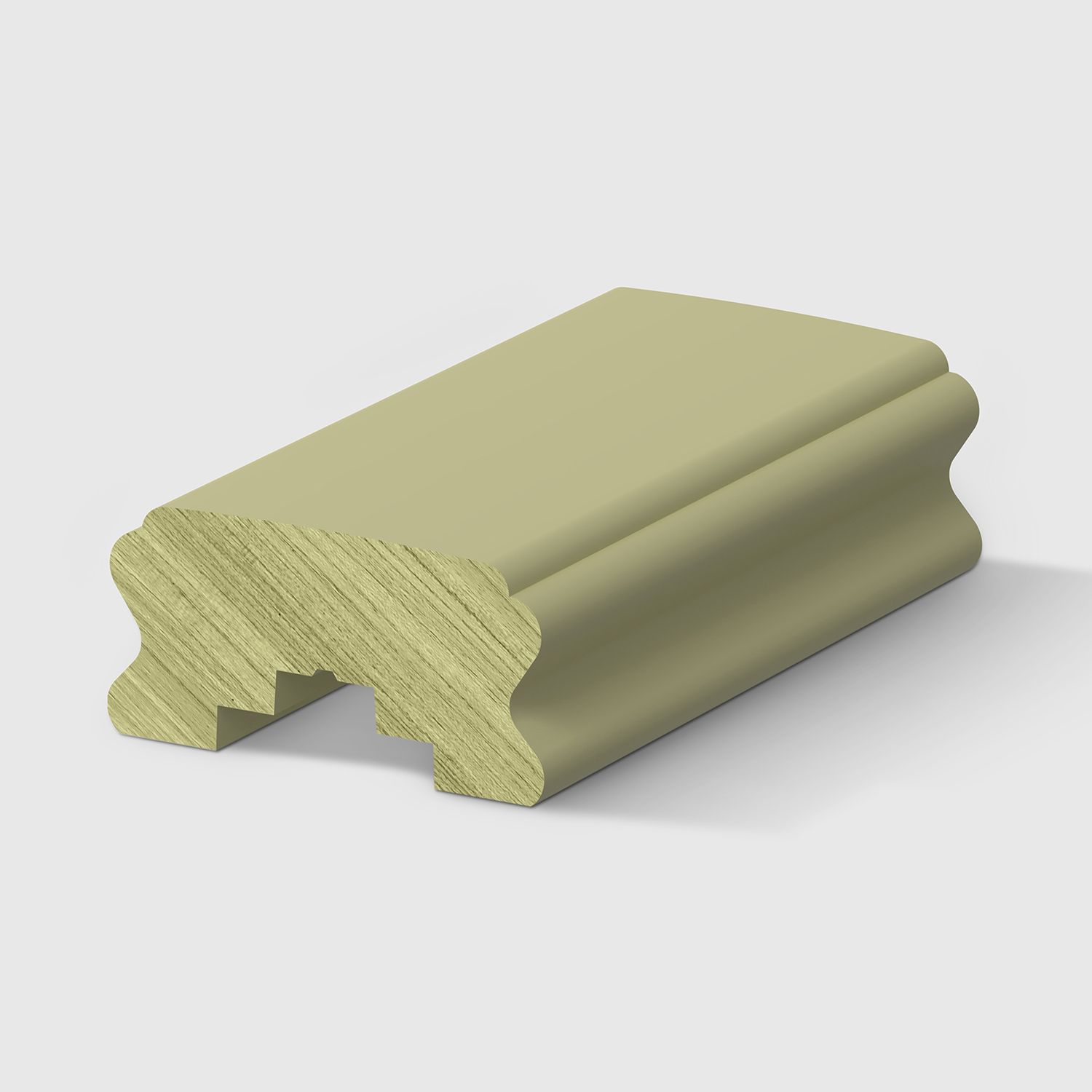 A timber handrail profile with a rounded top and concave sides, with a detailed notched section on the underside H3 Primed FJ Pin 85 x 42mm