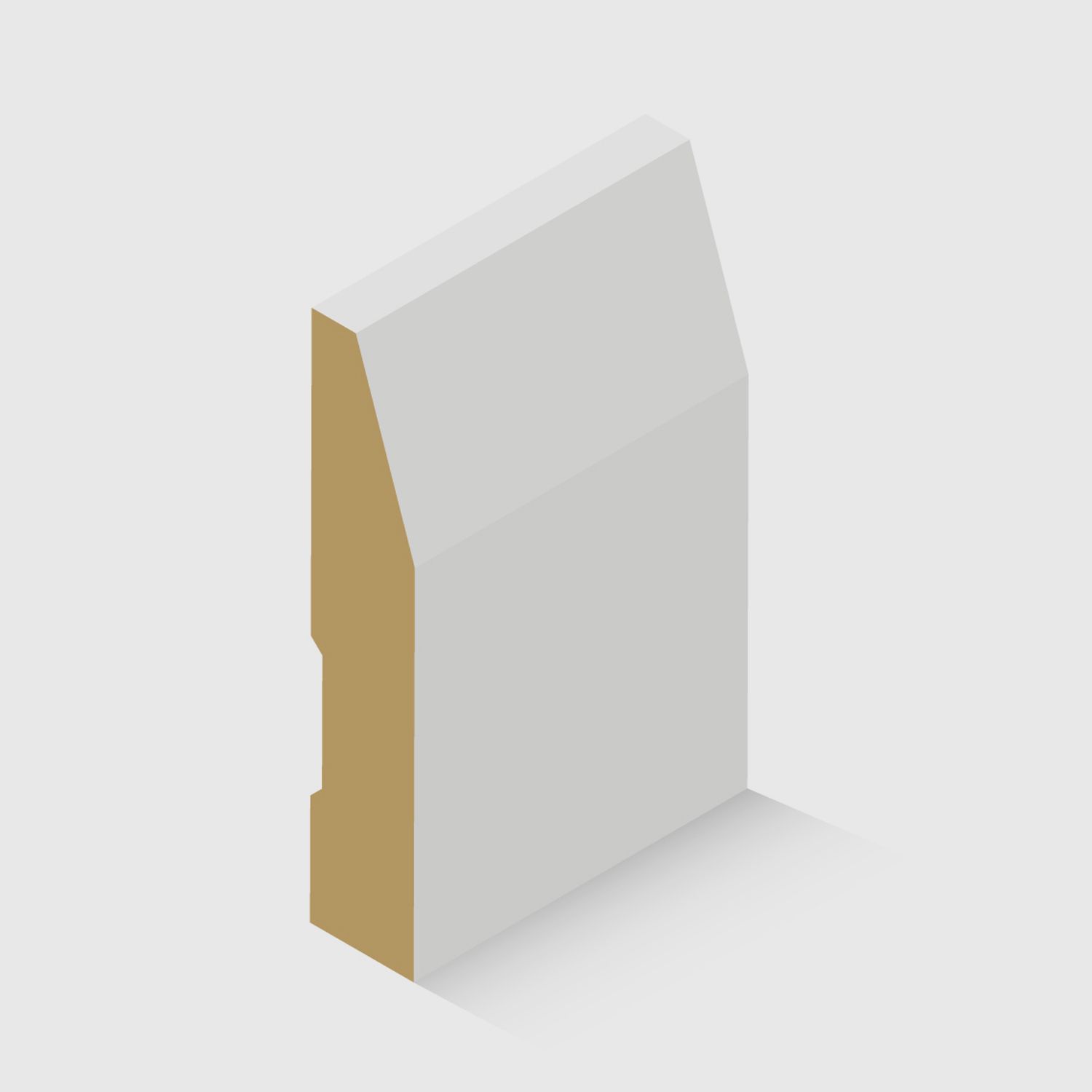 A timber skirting board with an angled top edge and a small stepped detail near the back in White Primed MDF 92 x 18mm