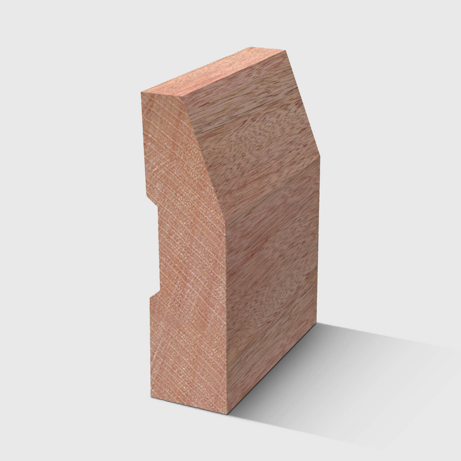 A timber skirting board with an angled top edge and a small stepped detail near the back in Meranti 66 x 18mm