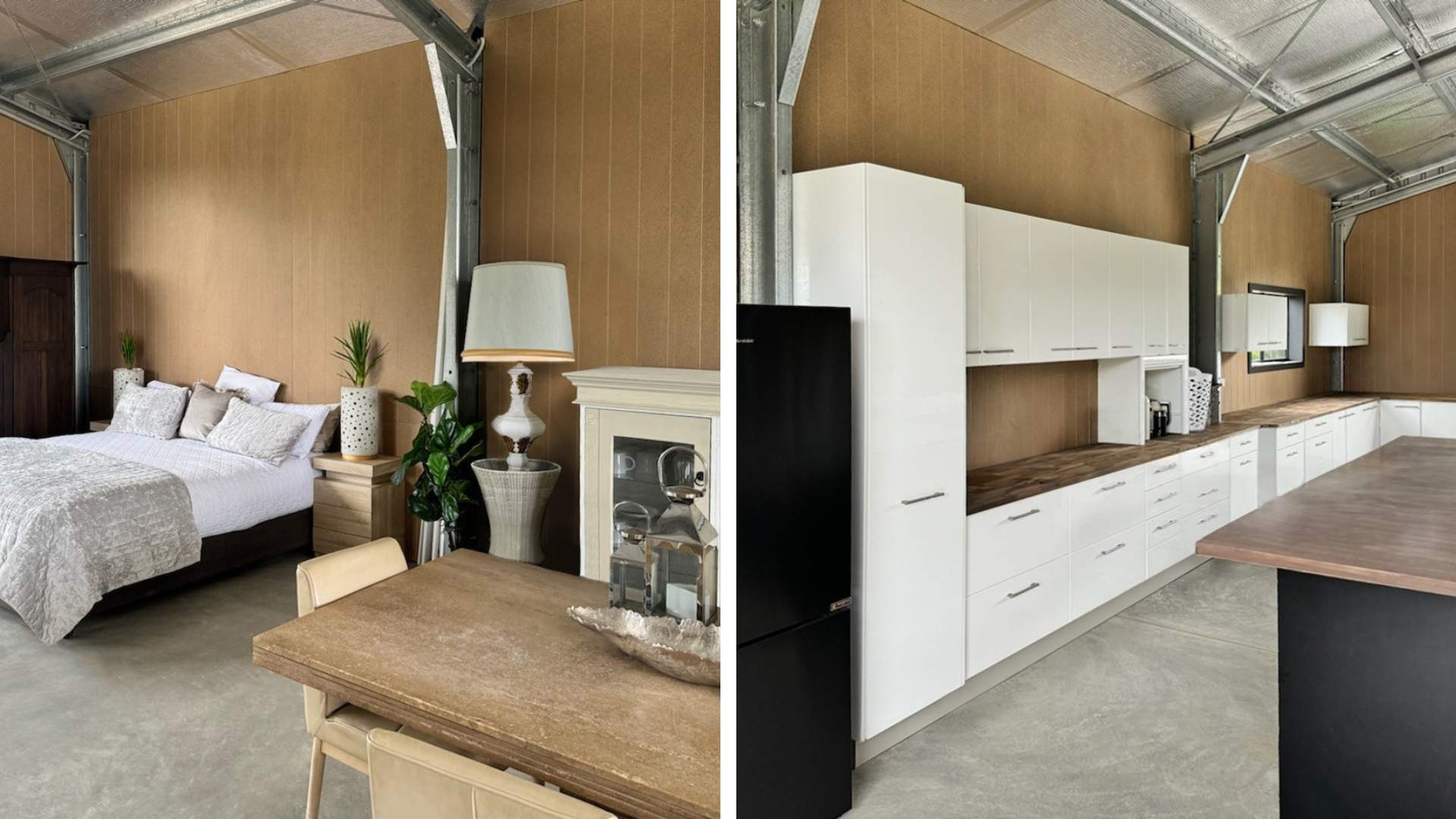 Two images showing a garage space lined with STRUCTApanel® VJ panelling