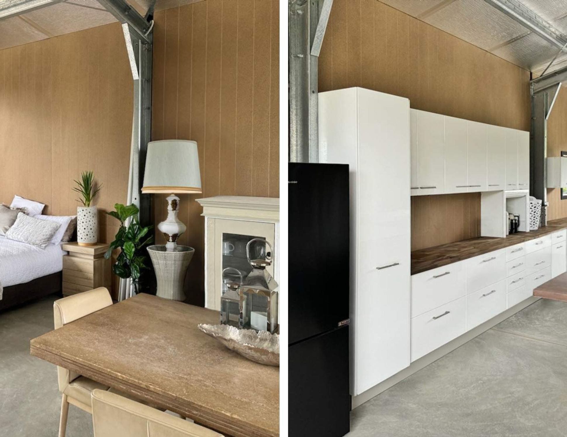 Two images showing a garage space lined with STRUCTApanel® VJ panelling