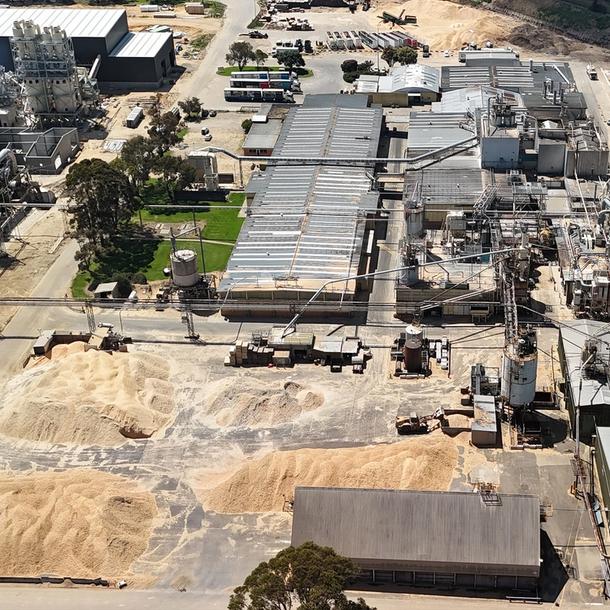Packs of CUSTOMpine particleboard strapped on a rollers in a factory