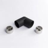 A flexible black metal tube connector positioned between two silver circular mounting inserts 43mm