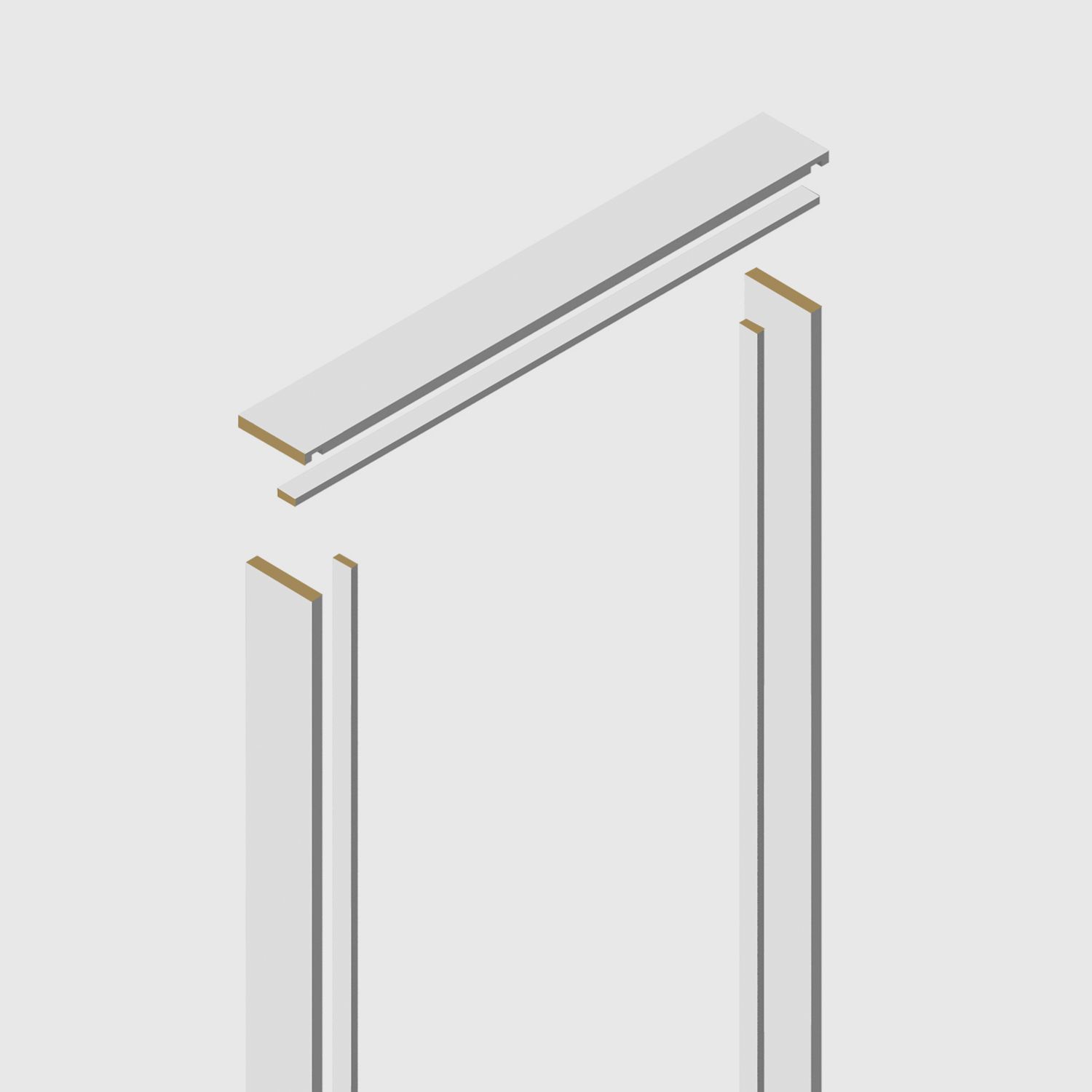 A door jamb set, including two vertical side pieces and one horizontal head piece in Primed FJ Pine