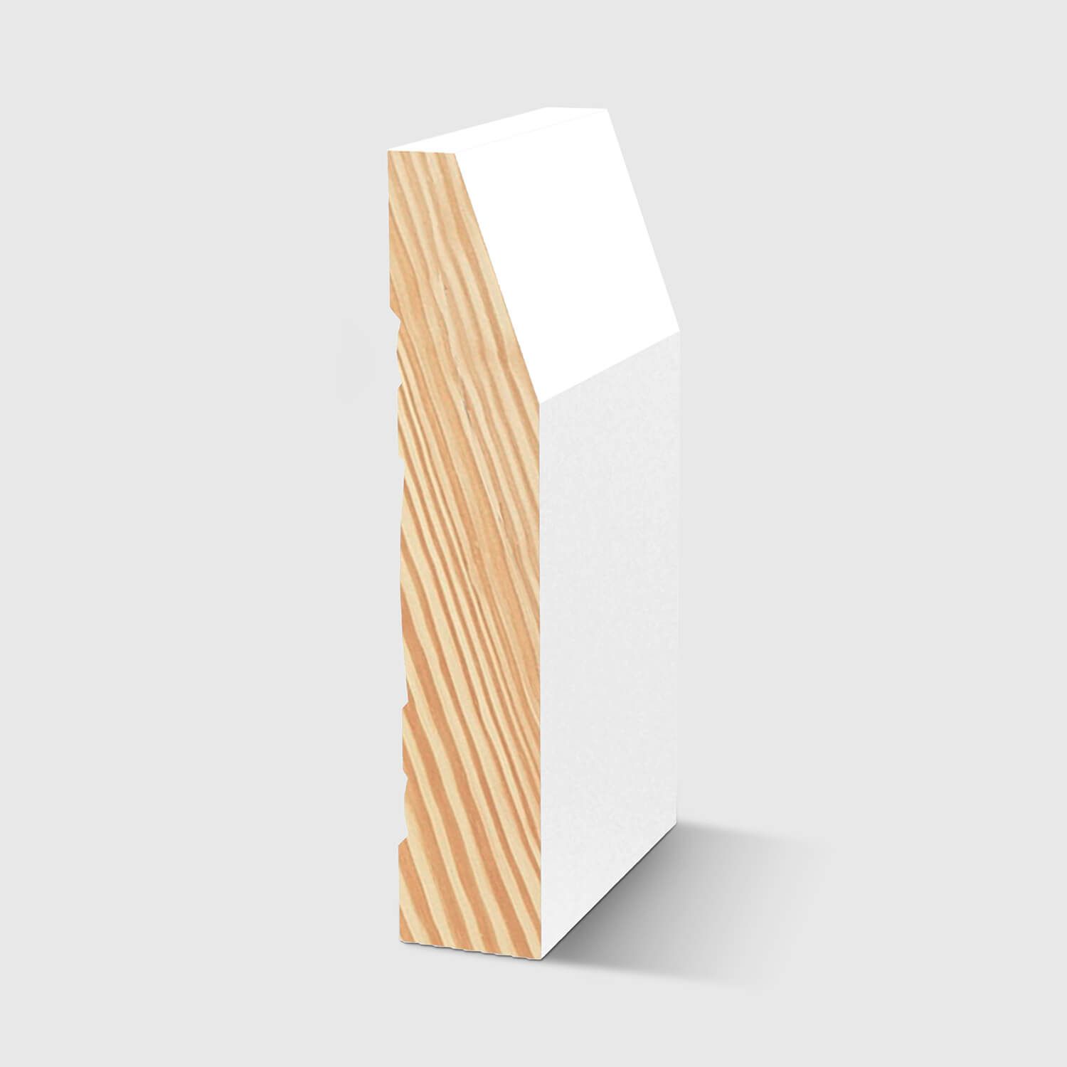 A timber skirting board with an angled top edge and a small stepped detail near the back in Primed FJ Pine 92 x 18mm