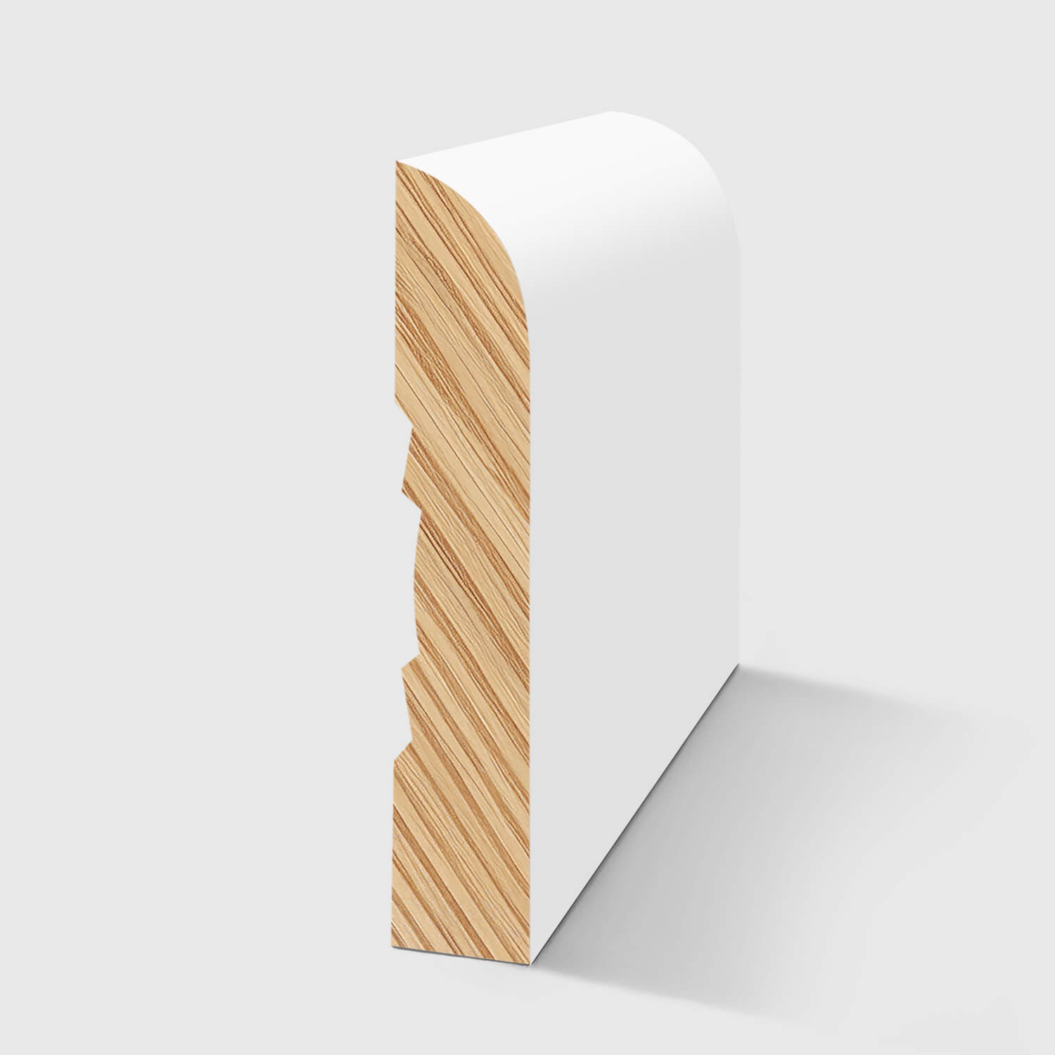 A timber moulding with a curved top and a small recessed groove on the back in Primed FJ Pine 66 x 11mm