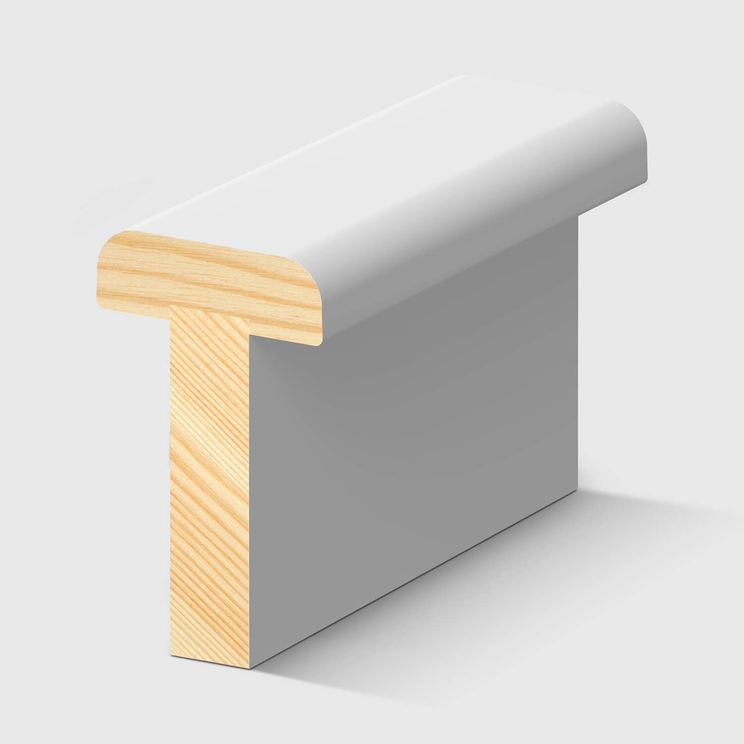 A timber stair nosing with a rounded edge and T-shaped profile in Primed FJ Pine 50 x 30mm 2.4m