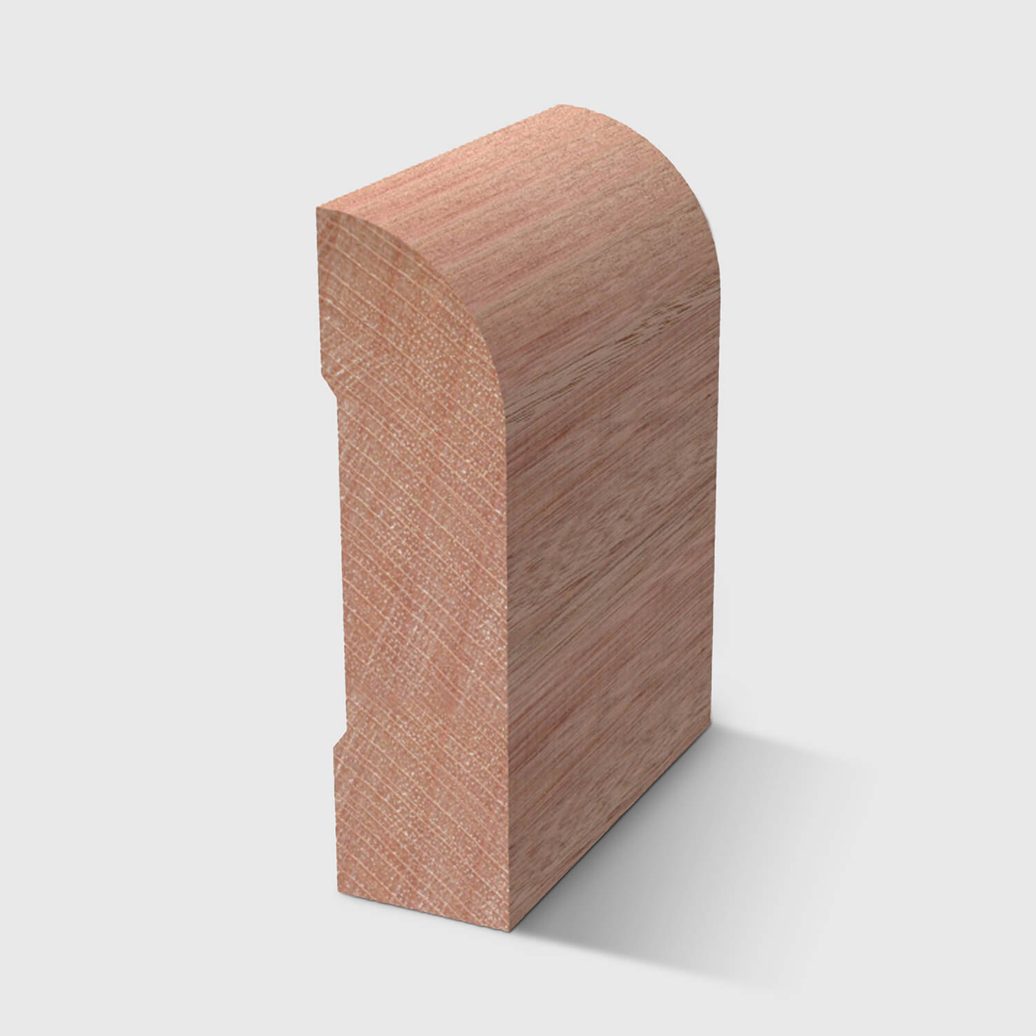 A timber moulding with a curved top and a small recessed groove on the back in Meranti 66 x 18mm