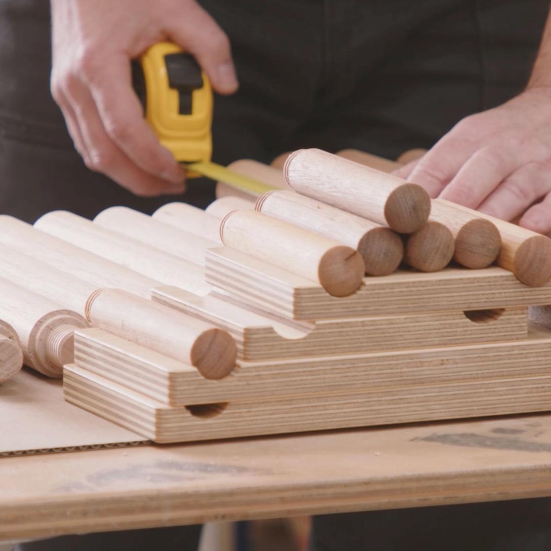 Cameron from Like Butter measuring Porta Tasmanian Oak dowels ready to be used in their furniture