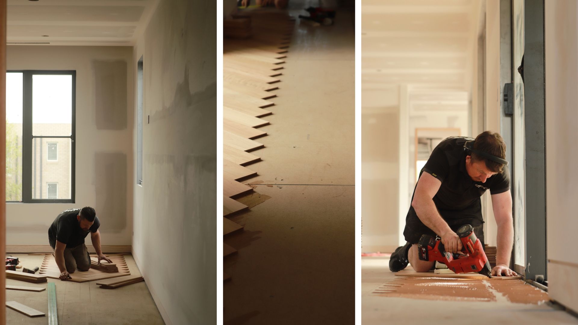 3 images showing flooring installers installing herringbone flooring over STRUCTApanel®