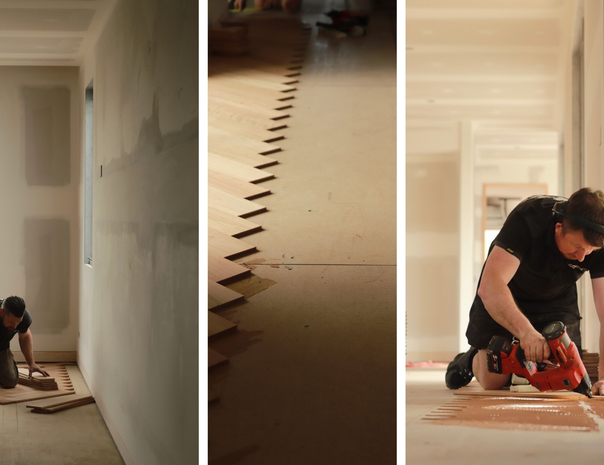 3 images showing flooring installers installing herringbone flooring over STRUCTApanel®