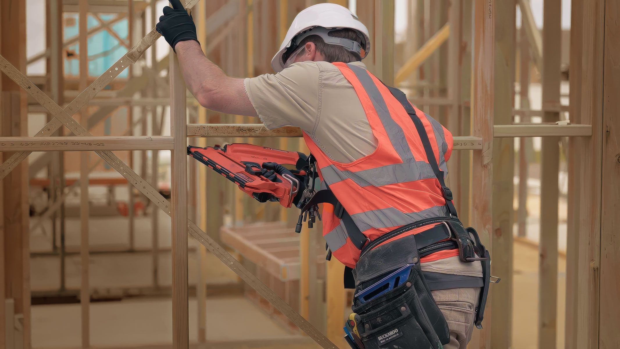 A person building a framed structure using MGP10 timber.