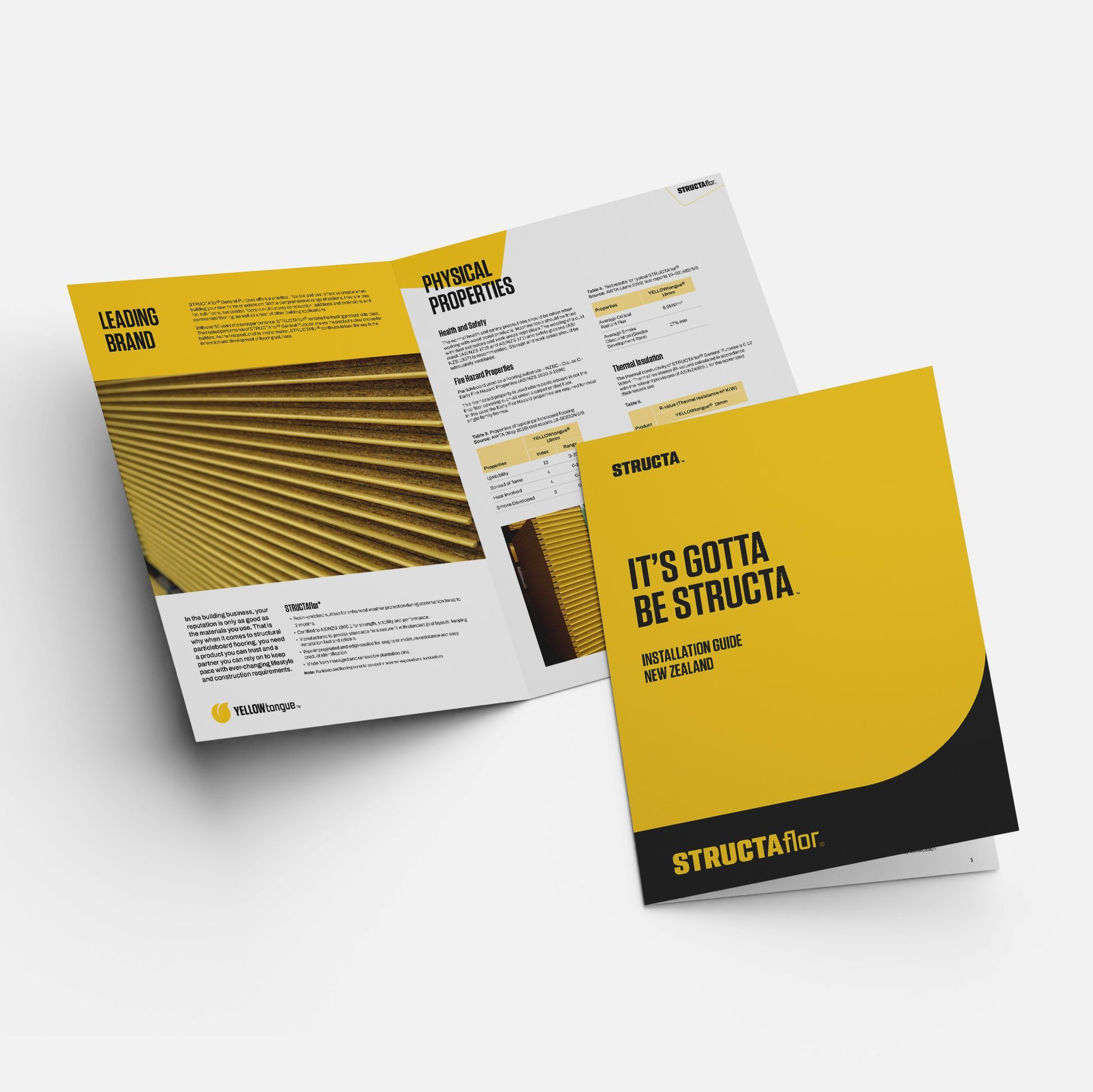 Marketing brochure of STRUCTAflor™, with an open spread and a closed copy sitting on top showing the cover