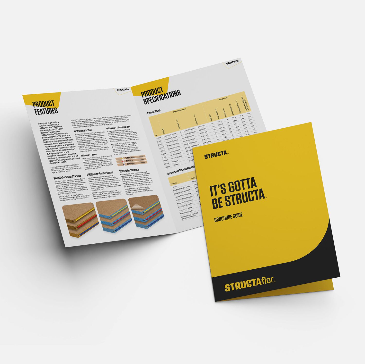 Two structaflor brochures, one flat showing the cover and the other open showing contents